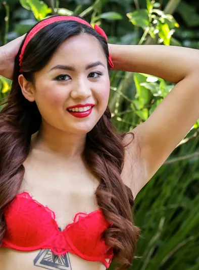 Phoebe Kalib Spreads Hairy Pussy on Red Chair Outdoors