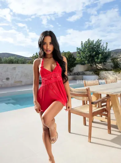 Putri Cinta Teases Topless Poolside In Her Red Dress